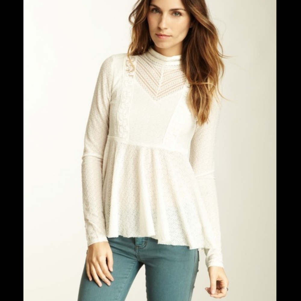 Free People Blouse Cream Empire Lace Detail